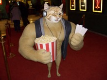 Swole Cat holding an enormous striped popcorn tub and two tickets in a movie theater lobby